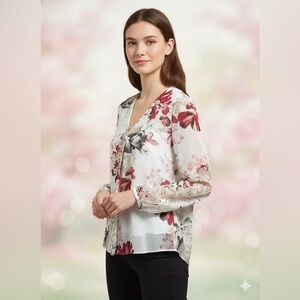 WHITE HOUSE BLACK MARKET Swiss Dot Floral Blouse 6 19” p2p Ivory Multi NWOT